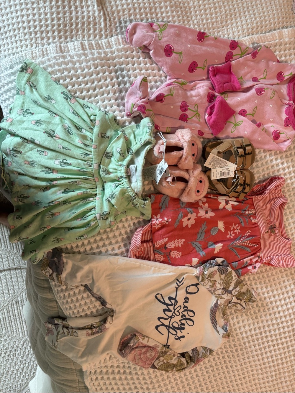 Mixed Baby Girls Clothing Bundle with Pink Cherry Sleepers & Mint Dress